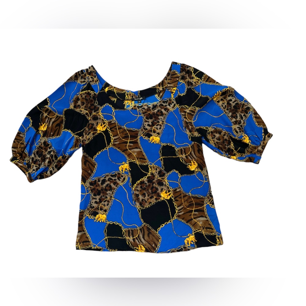 Lauren Gold 100% Silk Royal Blue Blouse Chain Link Print  Size M